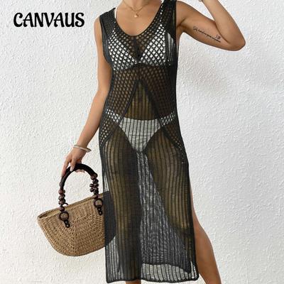 Women's Holiday Beach Hollowed Out Woven Sundress Long Sexy Slit Dress