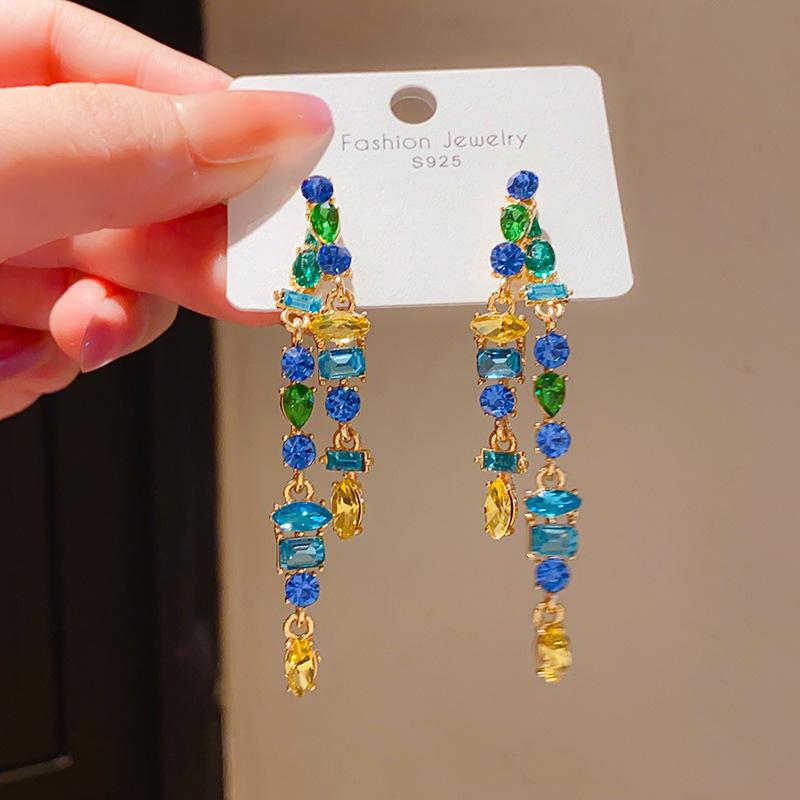 Retro Silver Needle Zircon Glass Water Drop Earrings Court Temperament Stud Earrings Personality Trend Versatile Earrings Women