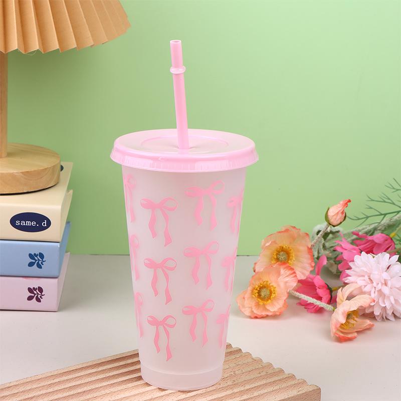 1Pc 710Ml Kawaii Bow Reusable Party Cups With Straw Lid Coffee Juice Tea Cute Tumbler With Straw Plastic Cups Summer Gifts