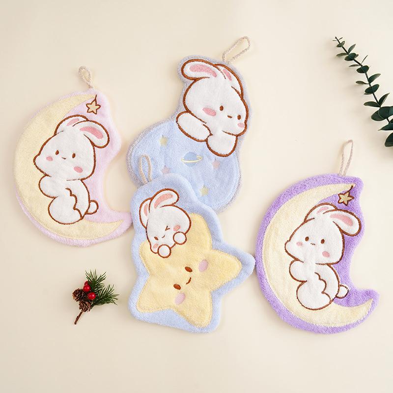 Cute Rabbit Pattern Hand Towel Soft Hanging Towels Absorbent Coral Fleece Towel Kitchen Bathroom Double-Thickness Hand Towel