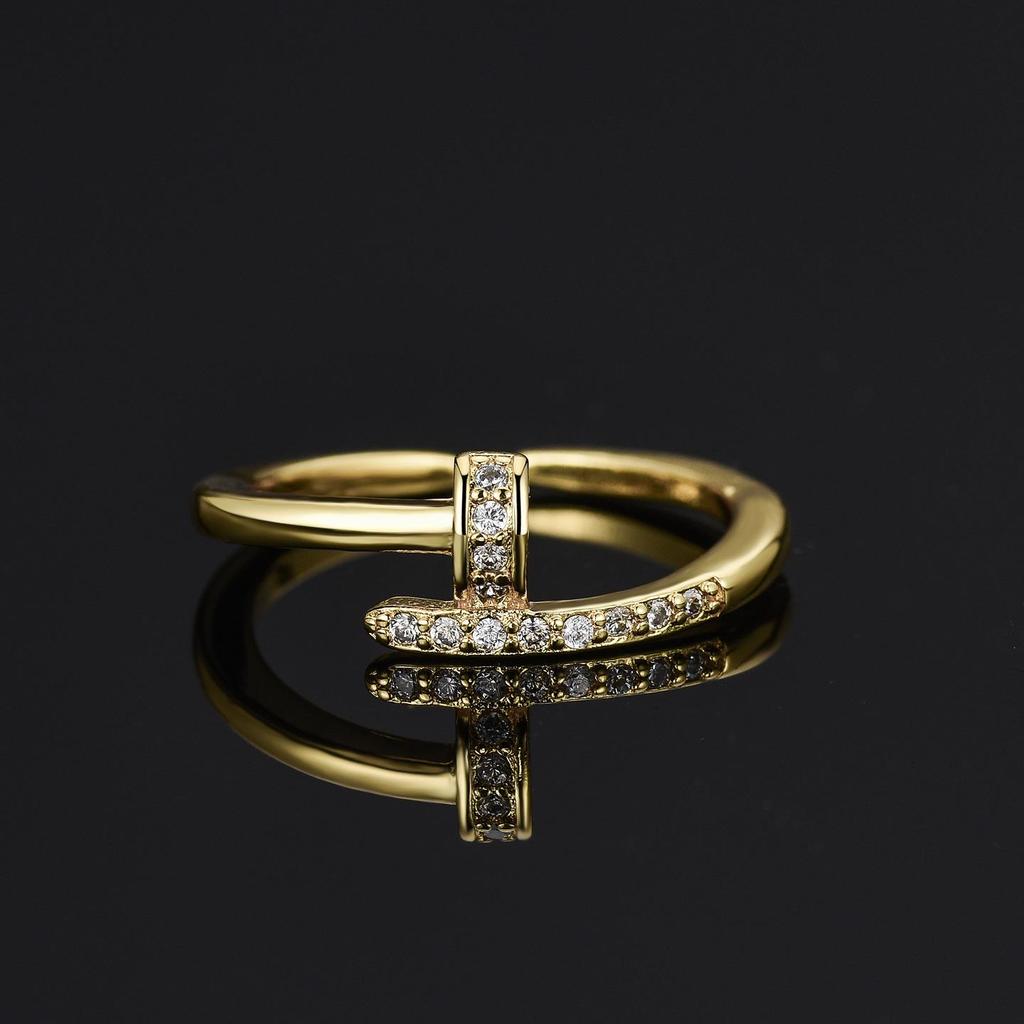 18K Gold Plated Women's Open Nail Ring with Full Diamond Design