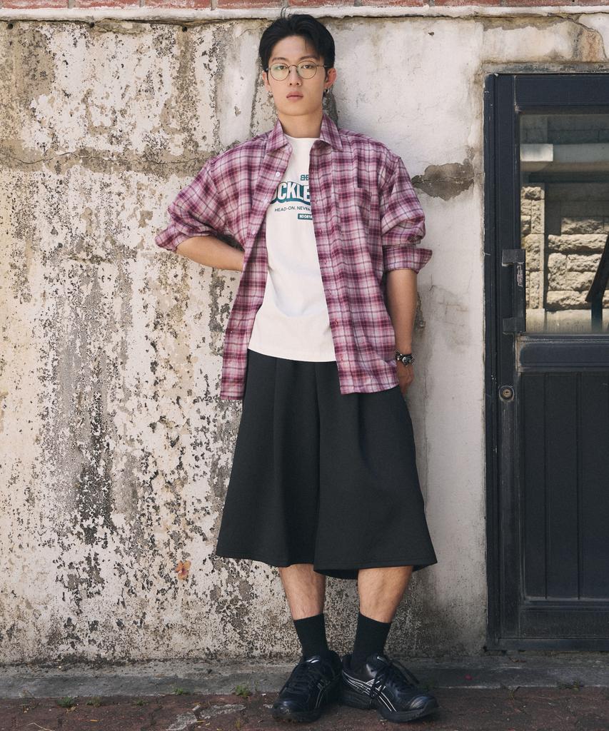 Beokeuldaun Oversized Graphic Check Shirt (Mixed Burgundy)