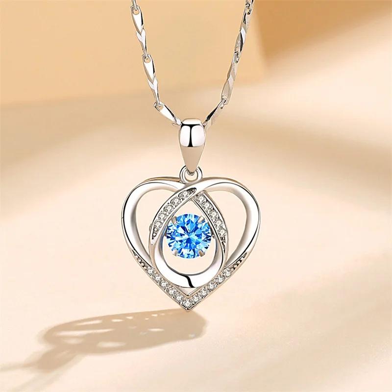 925 Silver Heart Shaped Necklace Bracelet Set for Women Vintage Korean Blue Crystal Bracelets Jewelry Set Party Jewelry