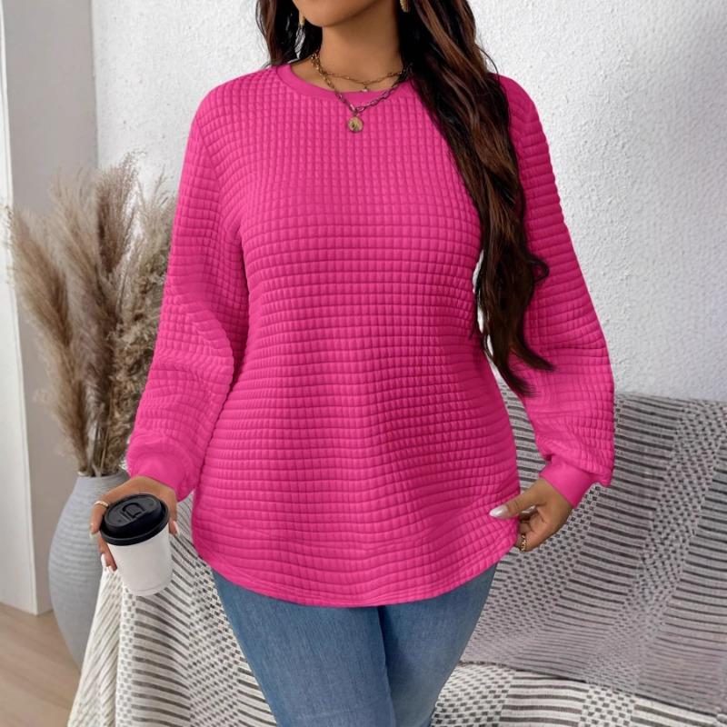 Women Fashion Casual Loose Plaid Solid Long Sleeve Pullover Sweatshirt