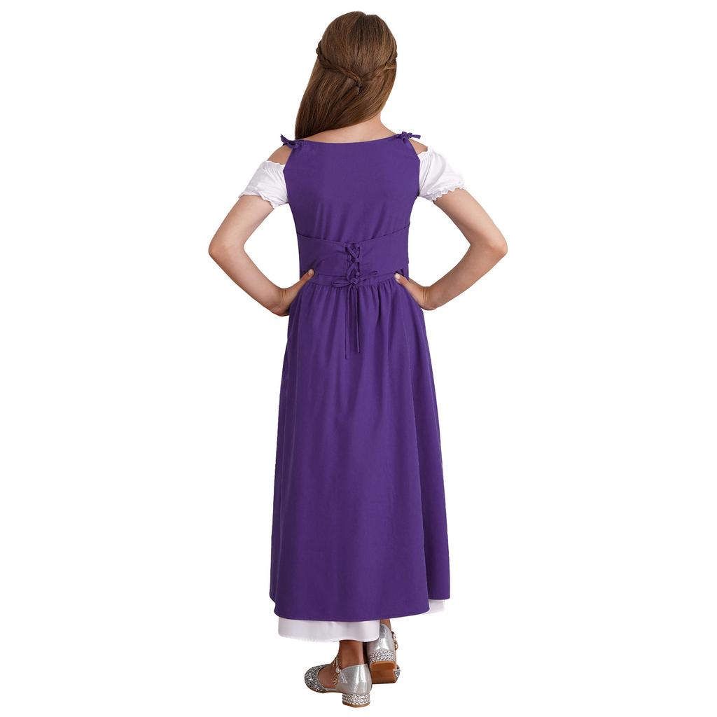 Girls Medieval Renaissance Costume Square Neck Short Sleeve Lace Up High Waist Ruffle Dress Halloween Fancy Dress