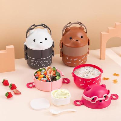 Spectacled Bear Japanese-Style Double-Layer Lunch Box with Dividers, Large Capacity, Portable with Spoon