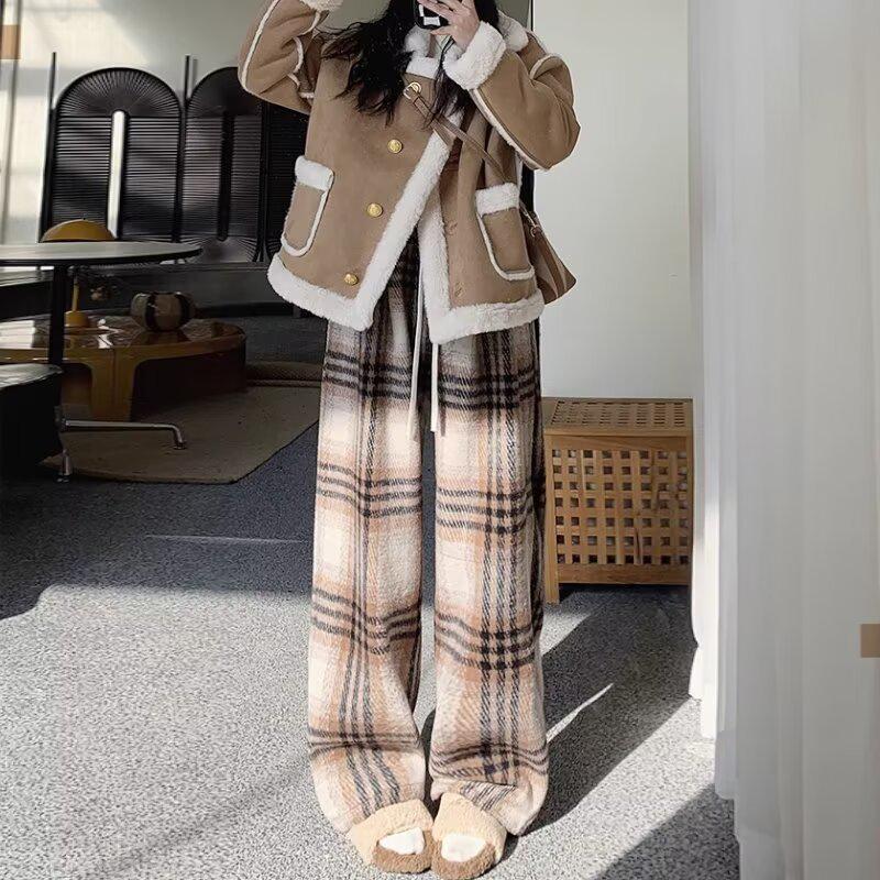 

Женские шерстяные клетчатые брюки с высокой талией и широкими штанинами: Новый осенне-зимний стиль с бархатом, плотный, ретро, прямой крой, свободная посадка. XL