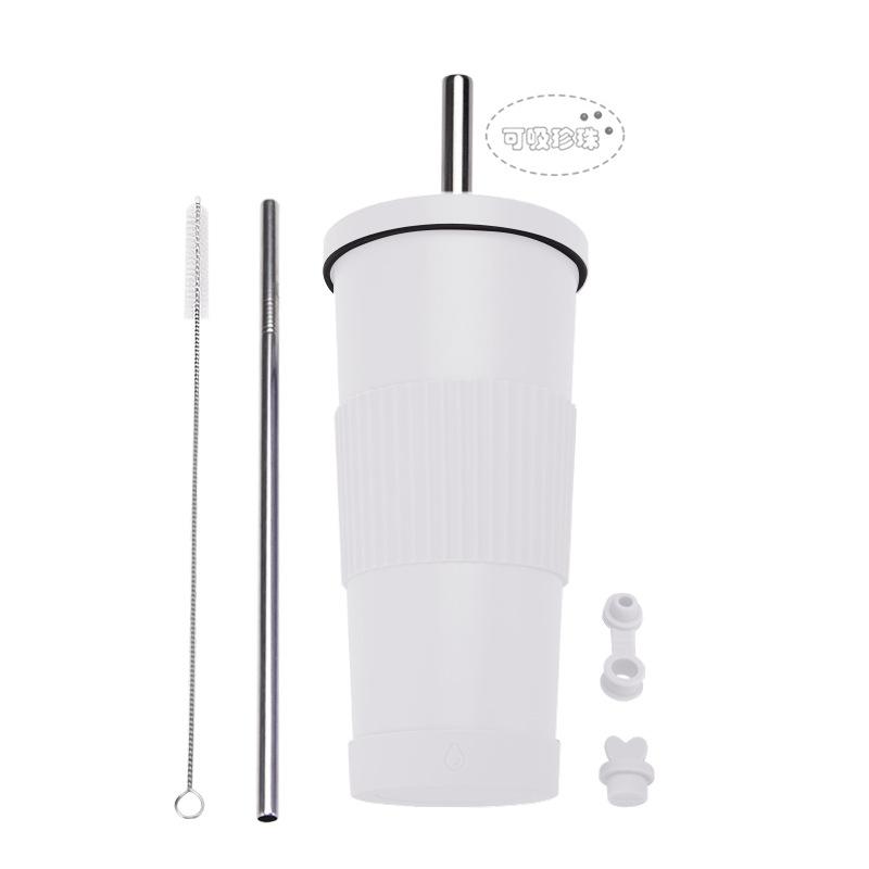 710Ml Bubble Tea Cup Non-Slip Double-Layer Stainless Steel Straw Cup Multi-Color Straw Thermal Insulation Water Cup