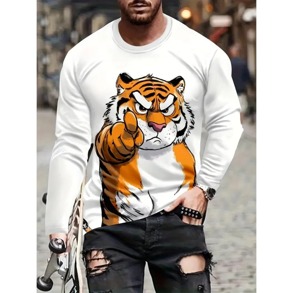 Cartoon Vibrant Rabbit Long Sleeve T-shirt Funny Animal Theme 3D Print T-shirt Man Casual Crew Neck T-shirt