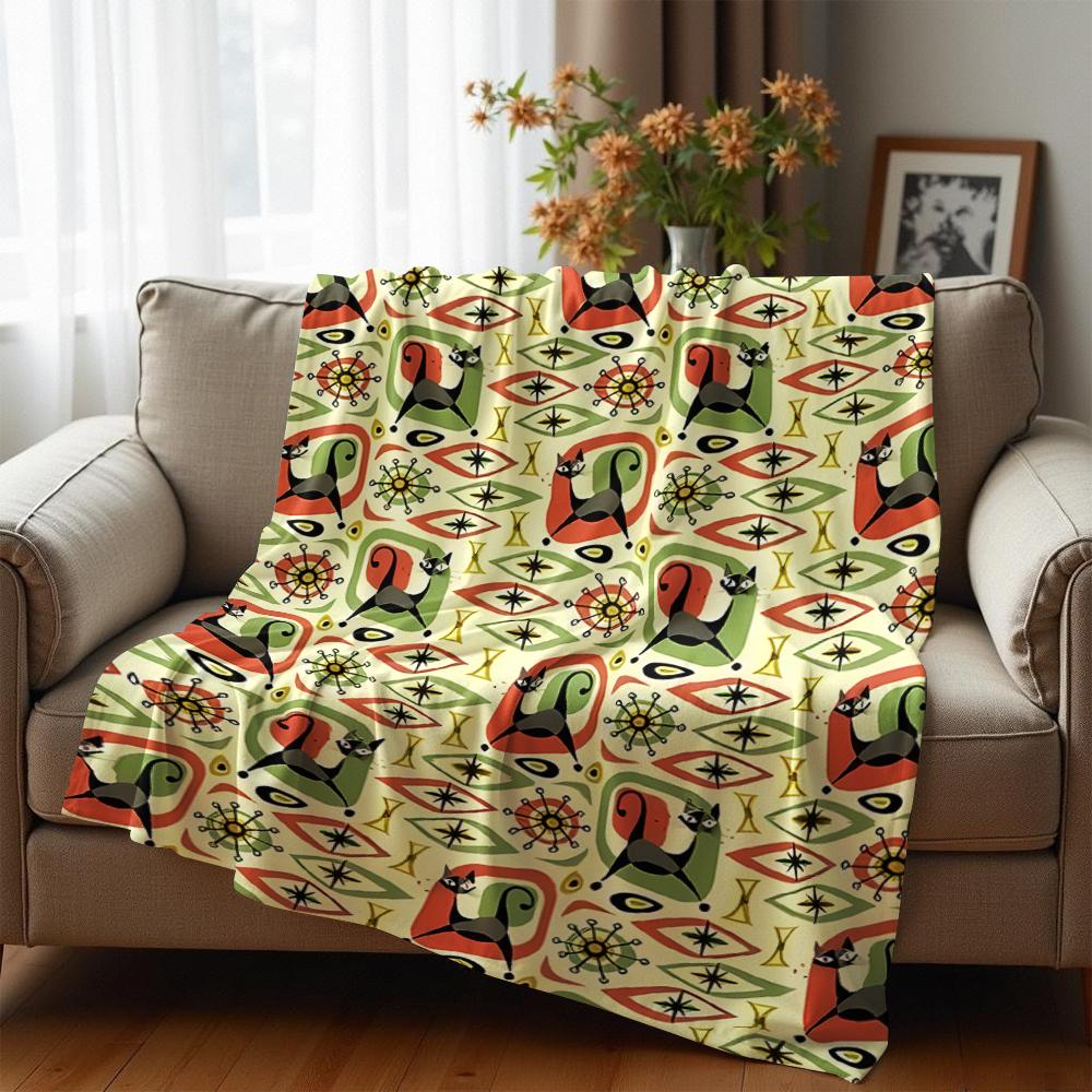 Retro Cat Geometric Anime Cartoon Flannel Blanket Soft Warm Throw for Bedroom Sofa Car Kids Holiday Gift