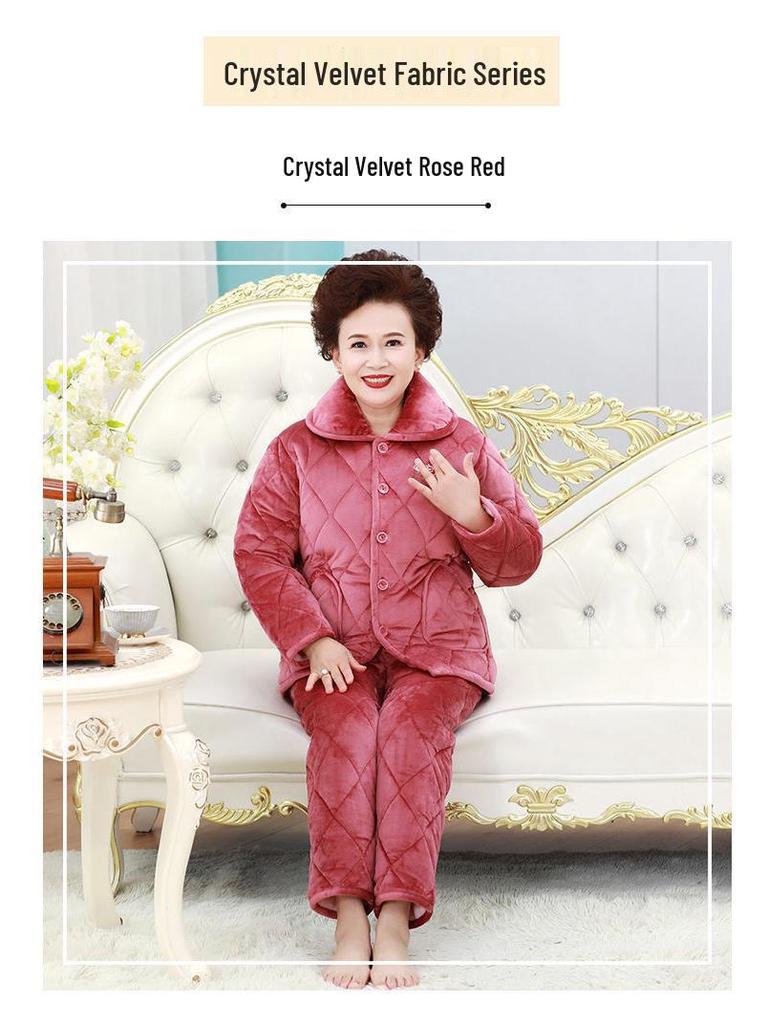 Three-Layer Fleece-Lined Quilted Winter Pajama Set for Elderly Women - Warm Coral Fleece Home Wear & Outerwear