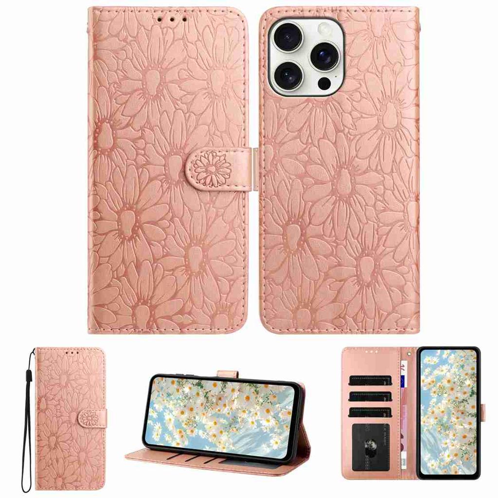 For iPhone 16 Pro Max Leather Case Daisy Imprint Wallet Stand Phone Protective Cover