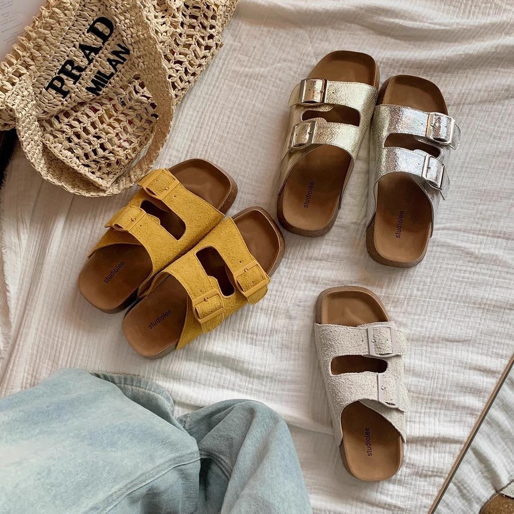 Cowhide Version~ Lazy One-pedal Double-breasted Beach Thick-bottomed Cool Slippers for Women's Summer Wear