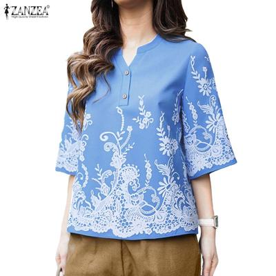 Women Casual V-Neck Loose Short Sleeve Print Blouse