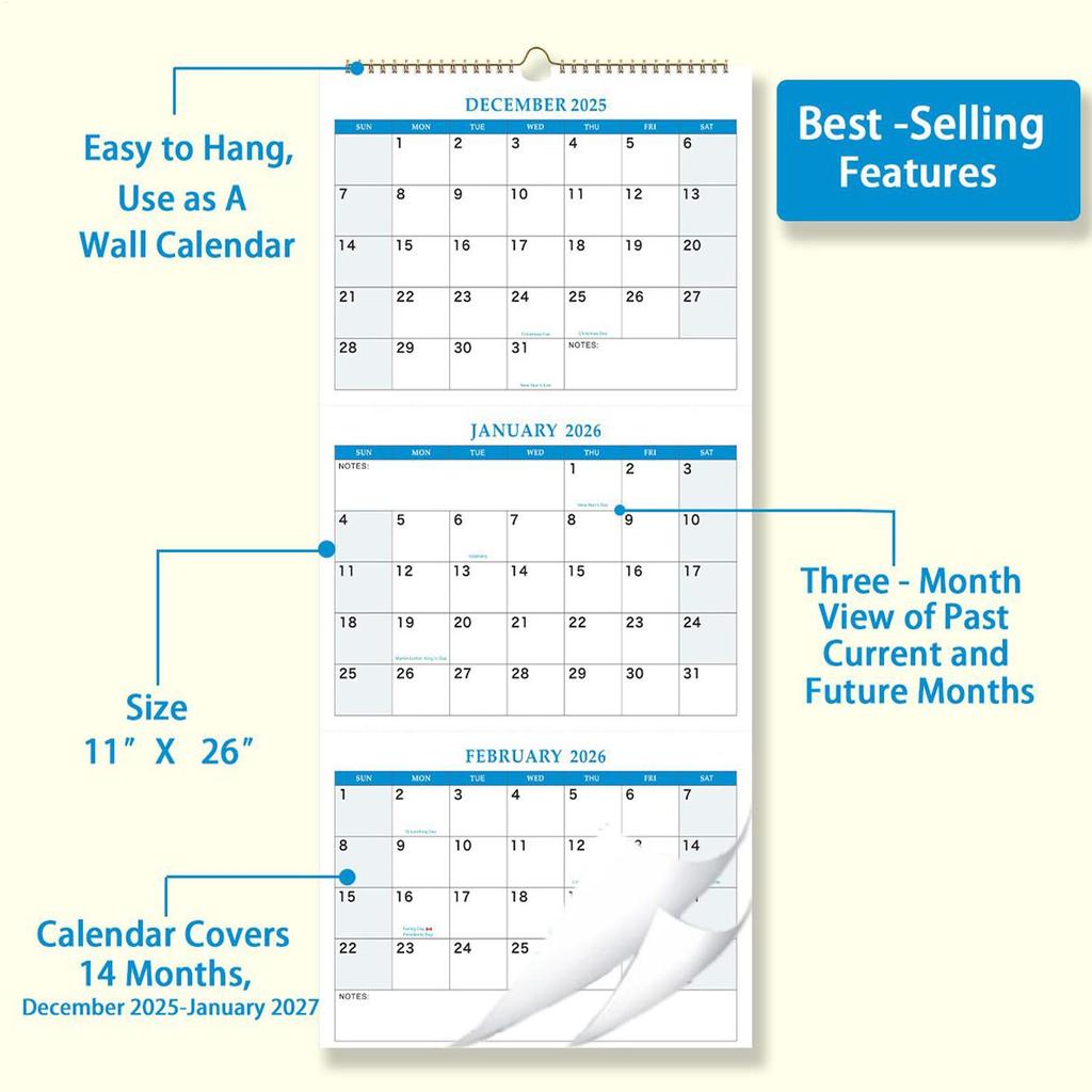 2026 Large Wall Calendar Large Vertical 3 Month Calendar Planners Organizers for Meeting Notebook Daily Schedule Pared Home