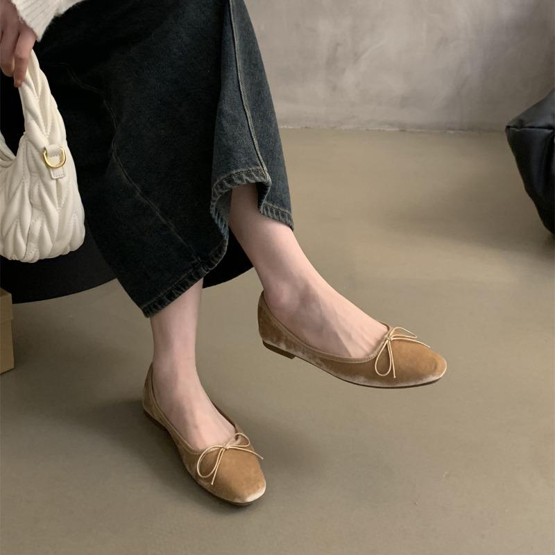 Velvet Shallow Shoes French Small Fragrance Bow Square Toe Soft Ballet Shoes 2025 Summer New Comfortable Slip-on Flat Shoes