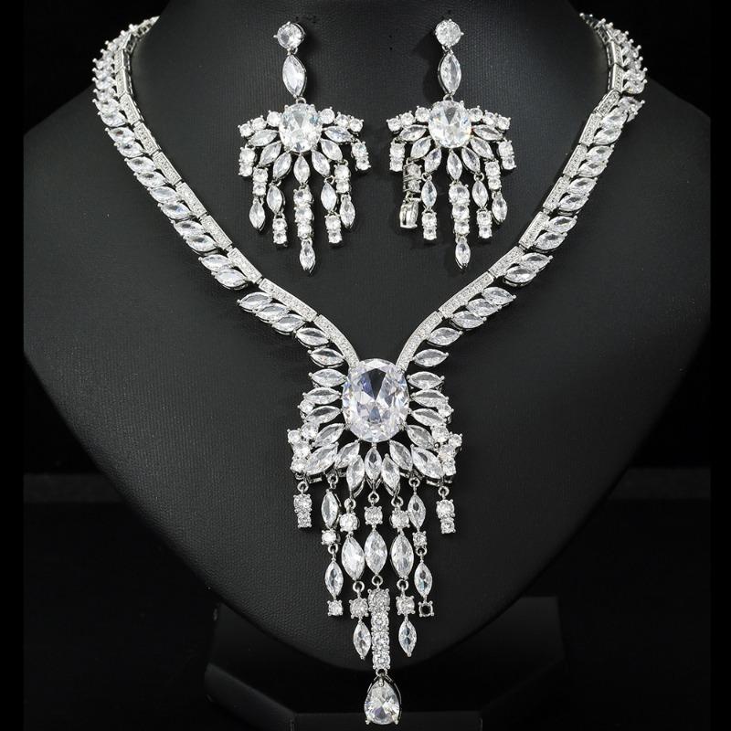 Premium Luxury Bridal Zircon Necklace Earrings Set Tassel Gala Wedding Dress Accessories Women