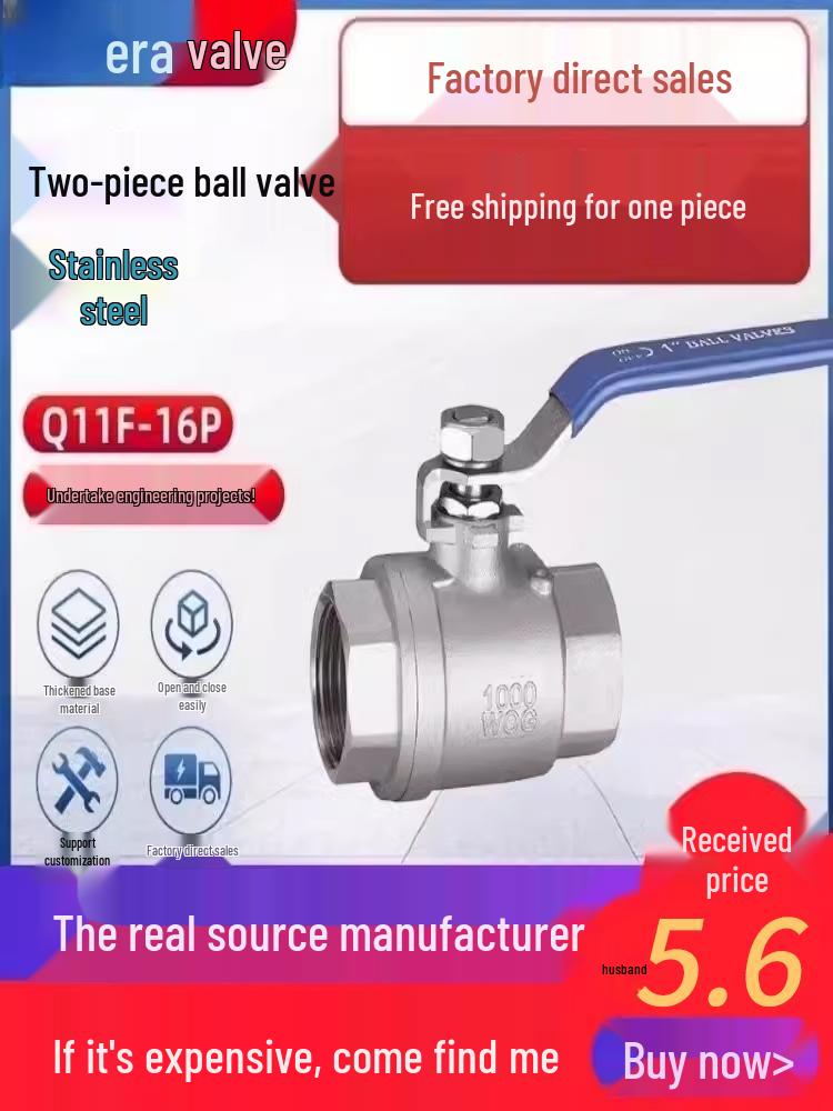 304 Edelstahl zweiteiliges Gewinde-Kugelhahn für Wasser, 1-Zoll oder 3/4-Zoll, verdicktes Innengewinde.