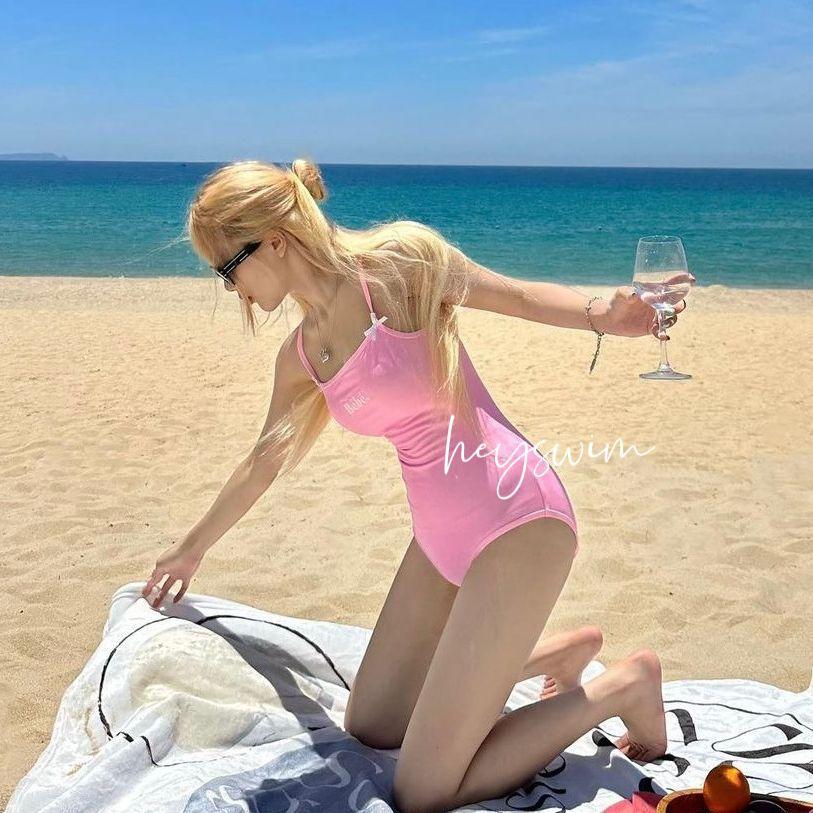 1011 new Japanese and Korean girls swimsuit pure desire wind small pit strip texture fabric simple swimsuit sweet one-piece swimsuit