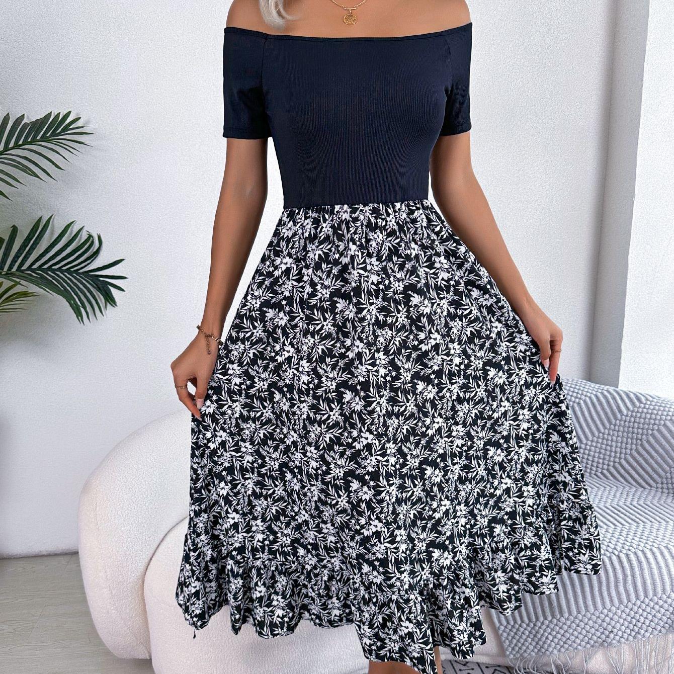 

GMXIA Женская мода на лето и весну с открытыми плечами, цветами и оборками, с коротким рукавом, на одно плечо, с высокой талией, повседневные платья XL чёрный