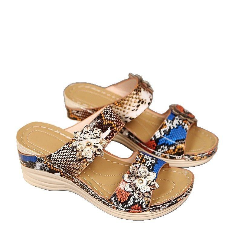 Summer women's shoes large size wedge heels slippers flower leopard print platform sandals