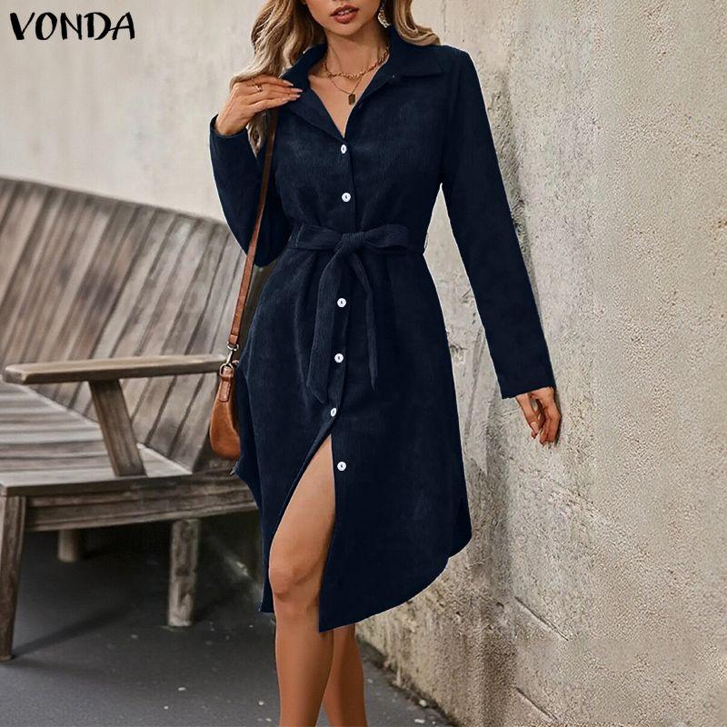 VONDA Spring Women Casual Lapel Neck Solid Color Texture Irregular Belt Long Sleeve Dress