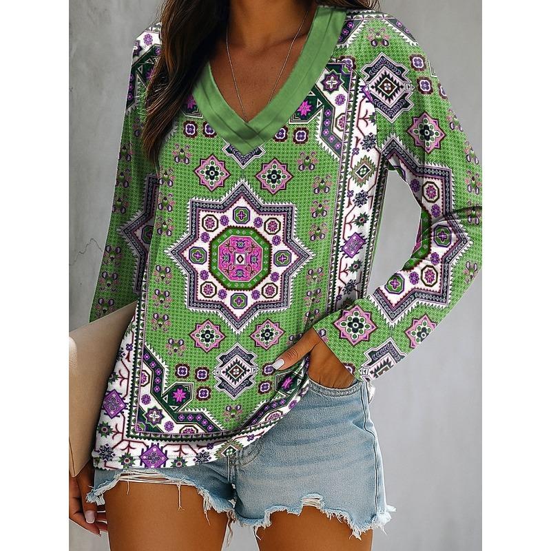 2025 Women's T-Shirt Graphic Geometric Paisley Elegant Fashion Tee Long Sleeve T-shirts V-Neck Regular Tops Pullover Fall Winter