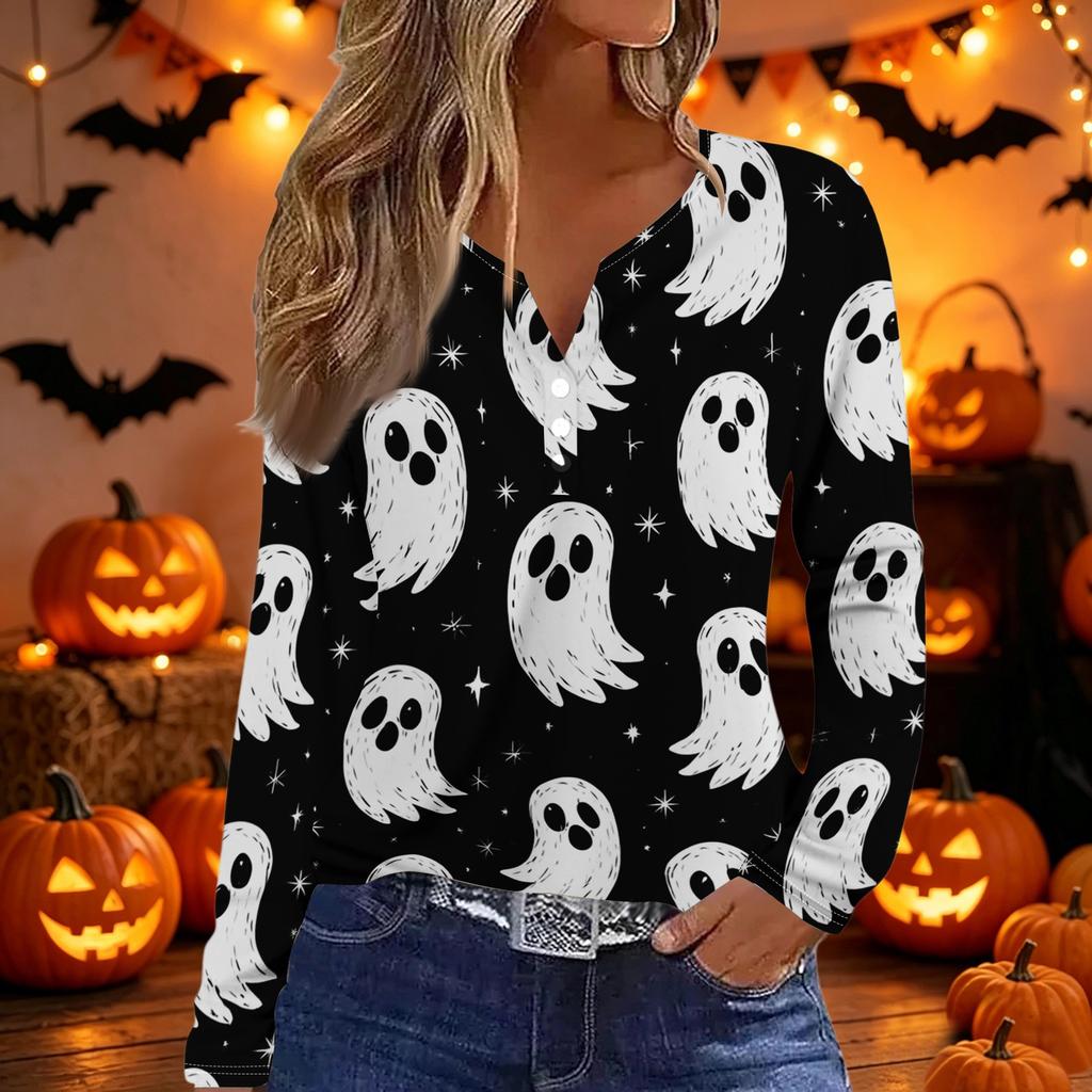 Womens Casual Long Sleeve V Neck Button Down Top Halloween Print Pullover Shirt Lightweight Comfortable Fit