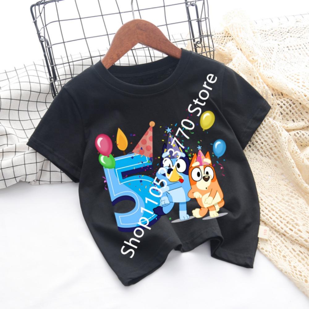 Bluey Baby Birthday T Shirt for Boys Girl Bingo Number Kids Clothes Summer Cartoon Letter Tees Shirts Toddler Short Sleeve Tops