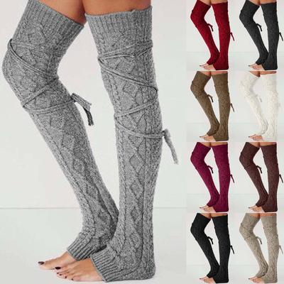 Ladies' Woolen Foot Warmers /winter Solid Over The Knee Stockings With Drawstring Medium Socks Pile Socks