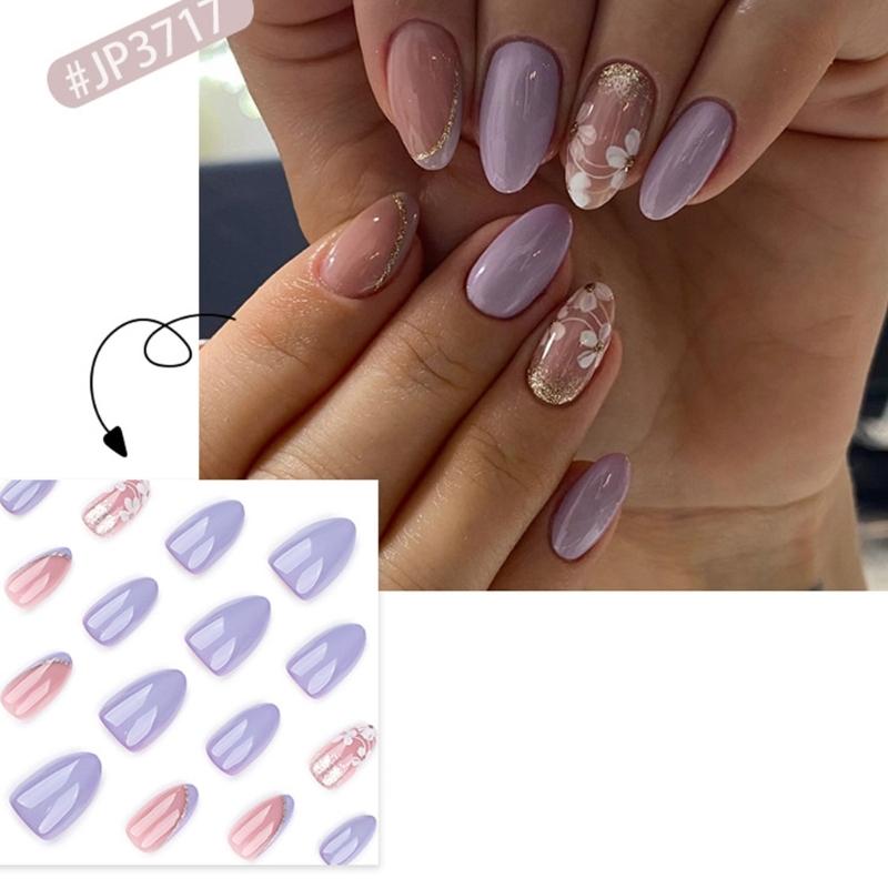 24 Pcs White Flowers Artificial Nail French Tip Press On Nail Almond Shape Stick On Nail Purple False Nail for Party
