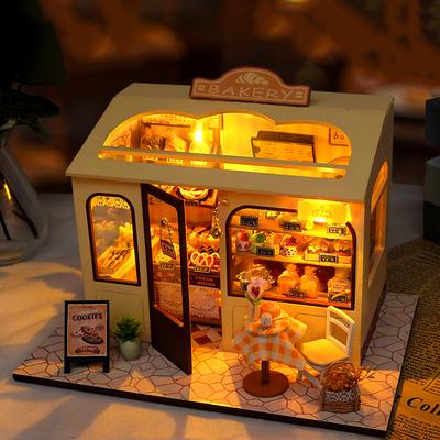 DIY Wooden Miniature Building Kits Bakery Cottage Doll Houses With Furniture Lights 3D Puzzle Casa Dollhouses for Friends Gifts