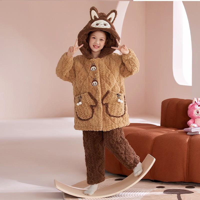 Girls Winter Warm Coral Fleece Pajama Set 3-Layer Quilted Sleepwear Cartoon Animal Print Kid Home Outfit