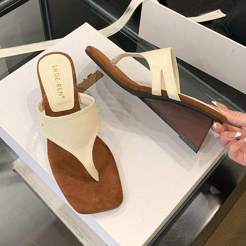 

Fashion Summer Spring Female Wedges Slides Women Slippers Shoes Fashion Square Toe Ladies Wedges Heeled Slippers Shoes Flip flops 35 бежевый