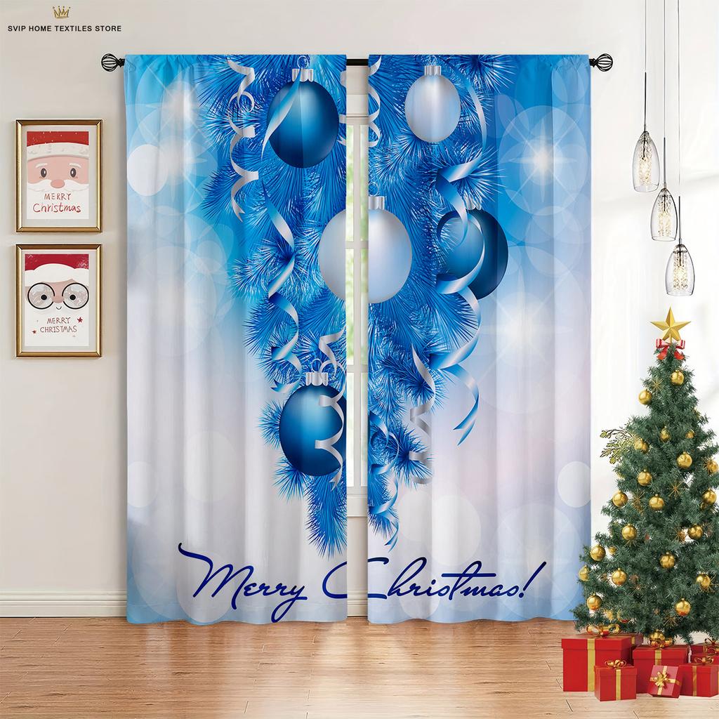 2 Pieces Christmas Decoration Curtains Christmas Tree Fireplace 3D Printing Curtains Suitable for Bedroom Dining Room New Year