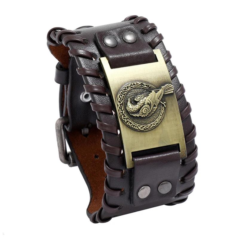 Trendy Wide Leather Woven Viking Rune Bracelet for Men Hip Hop Punk Jewelry Accessory Nordic Crow Charm Fashion