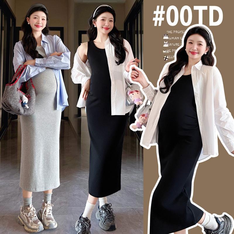 

Versatile Cotton Pleated Tank Dress & Solid Shirt Set for Pregnant Women 2XL