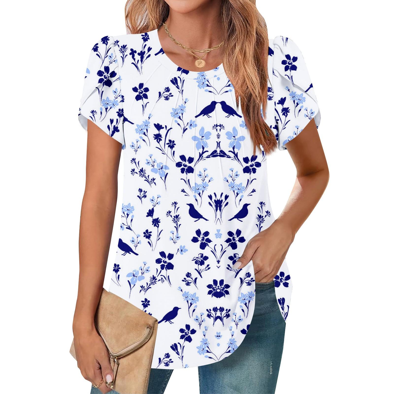 

Women s Casual Round Neck Short Sleeve Chest Pleated Flared Sleeve Floral Top XL
