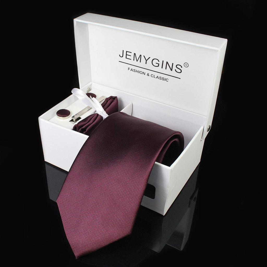 [JEMYGINS] Herrenkrawatte, Weinrot, mit Anstecker, Manschettenknöpfen, Einstecktuch. Perfekt für Geschäftsreisen, die Jobsuche, Hochzeiten, Aufnahmefeiern, Abschlussfeiern