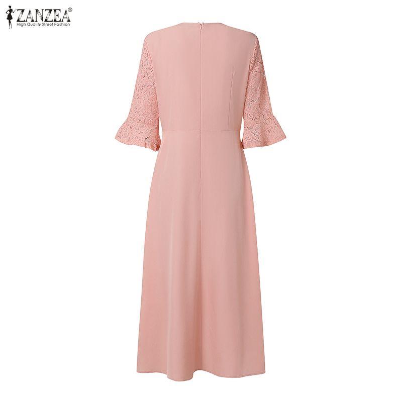ZANZEA Women Casual Round Neck Flare Sleeve Elegant Lace Patchwork Long Dress