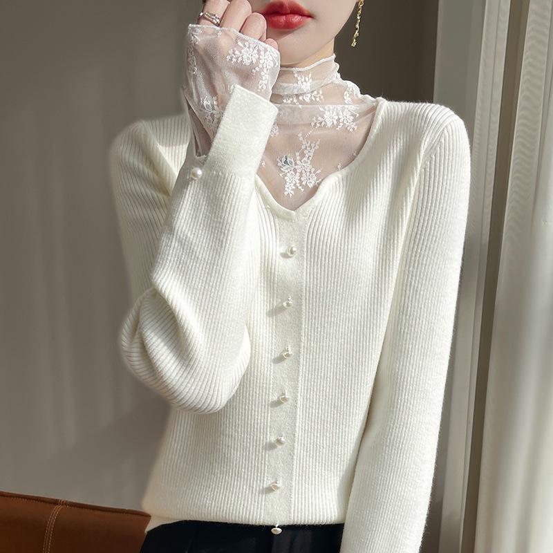 Women's Lace Patchwork Turtleneck Sweater - European & American Style for Spring/Autumn