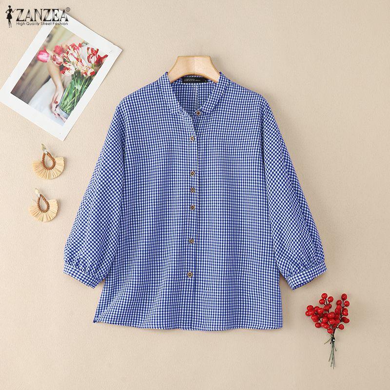 ZANZEA Women Plaid Print Casual Turn Down Collar 3/4 Sleeve Blouse
