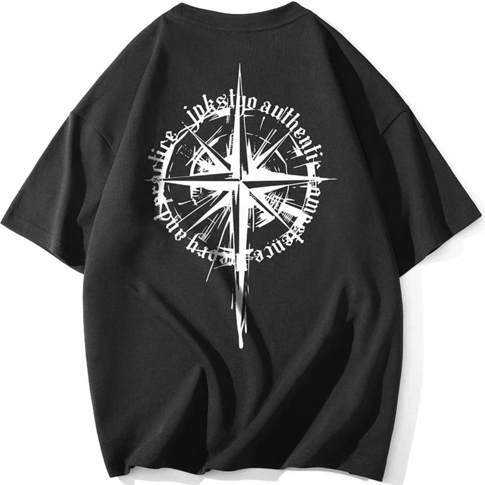 2024 Summer Compass Motif Print Signature Man T-Shirt Premium Cotton Tees Tops Short Sleeve Oversized Men Harajuku