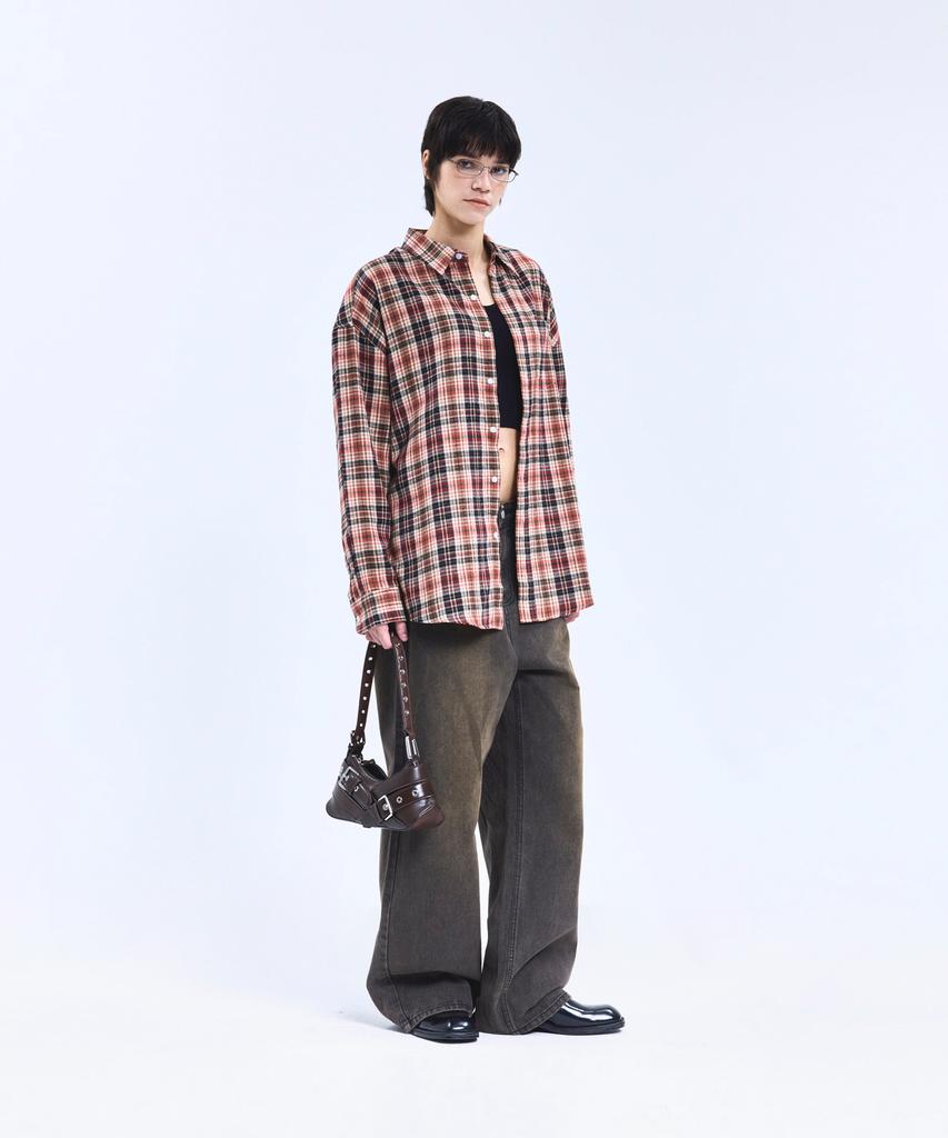 STANDARDERROR 87-Stan134 Soft Misty Oversized Pocket Long Sleeve Check Shirt Red