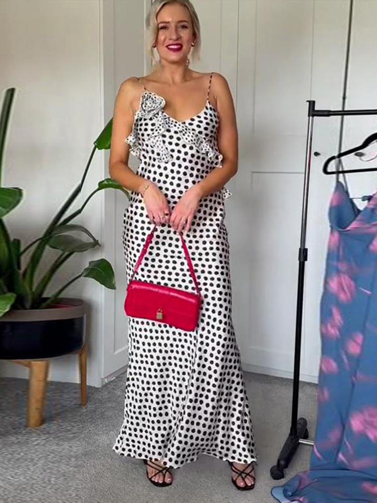 Dot Printed Sling Long Dress Women V-neck Sleeveless Backless 3D Flower Female Summer Party Holiday Lady Robe