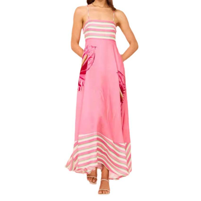 Evropské a americké dámské elegantní letní šaty s vysokým pasem a rostlinným potiskem (2025)