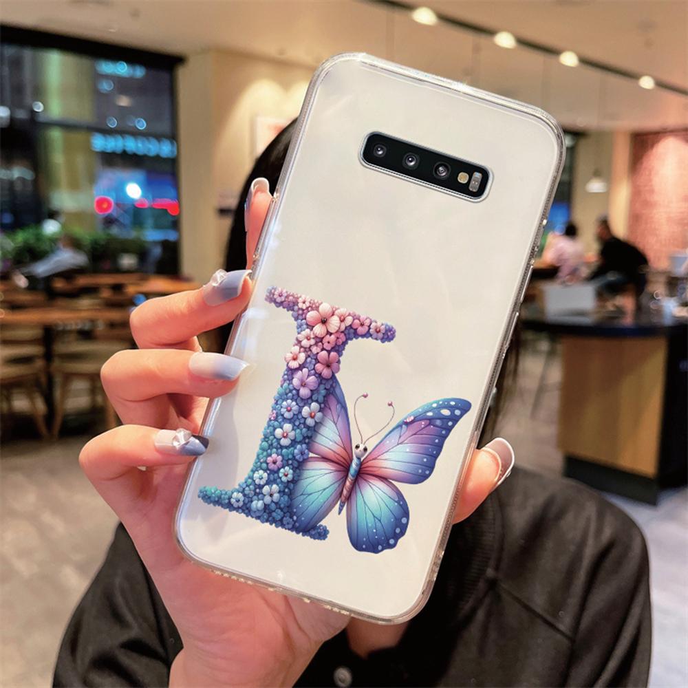 For Samsung Galaxy S10 Plus S10+ S10e Silicone Cover Transparent Clear Samsung s10 Cute Blue Butterfly Flower Letters Phone Case
