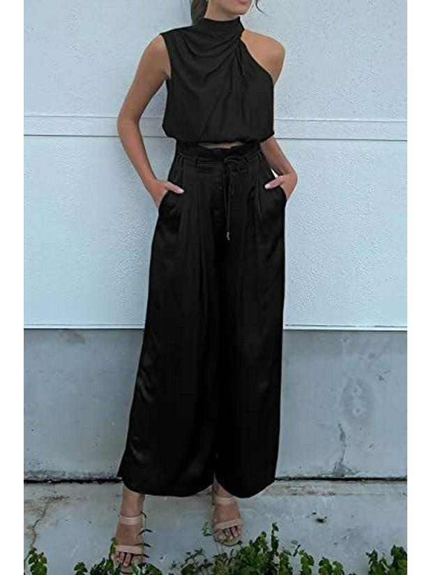 Damen Ärmelloses Stehkragen Crop Top & Weitbein Hose Set