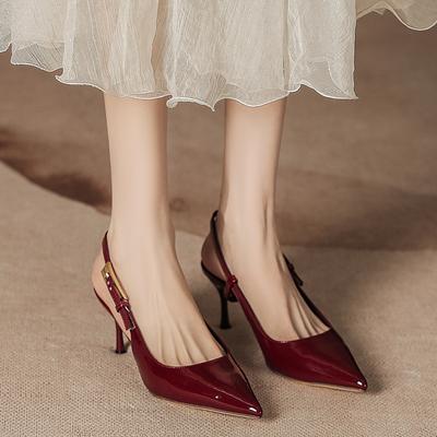 High Heels Women's 2025 New Metal Thin Heel Pointed Word with Imperial Sister Sexy Red Patent Leather Bag Head Sandals