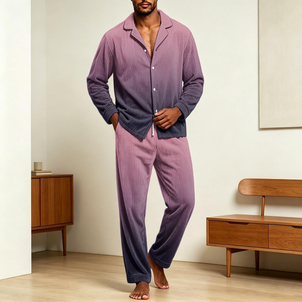 Men's Casual Pajama Set with Loose Fit Corduroy Pants and Printed Long Sleeve Lapel Collar Button-Front Top